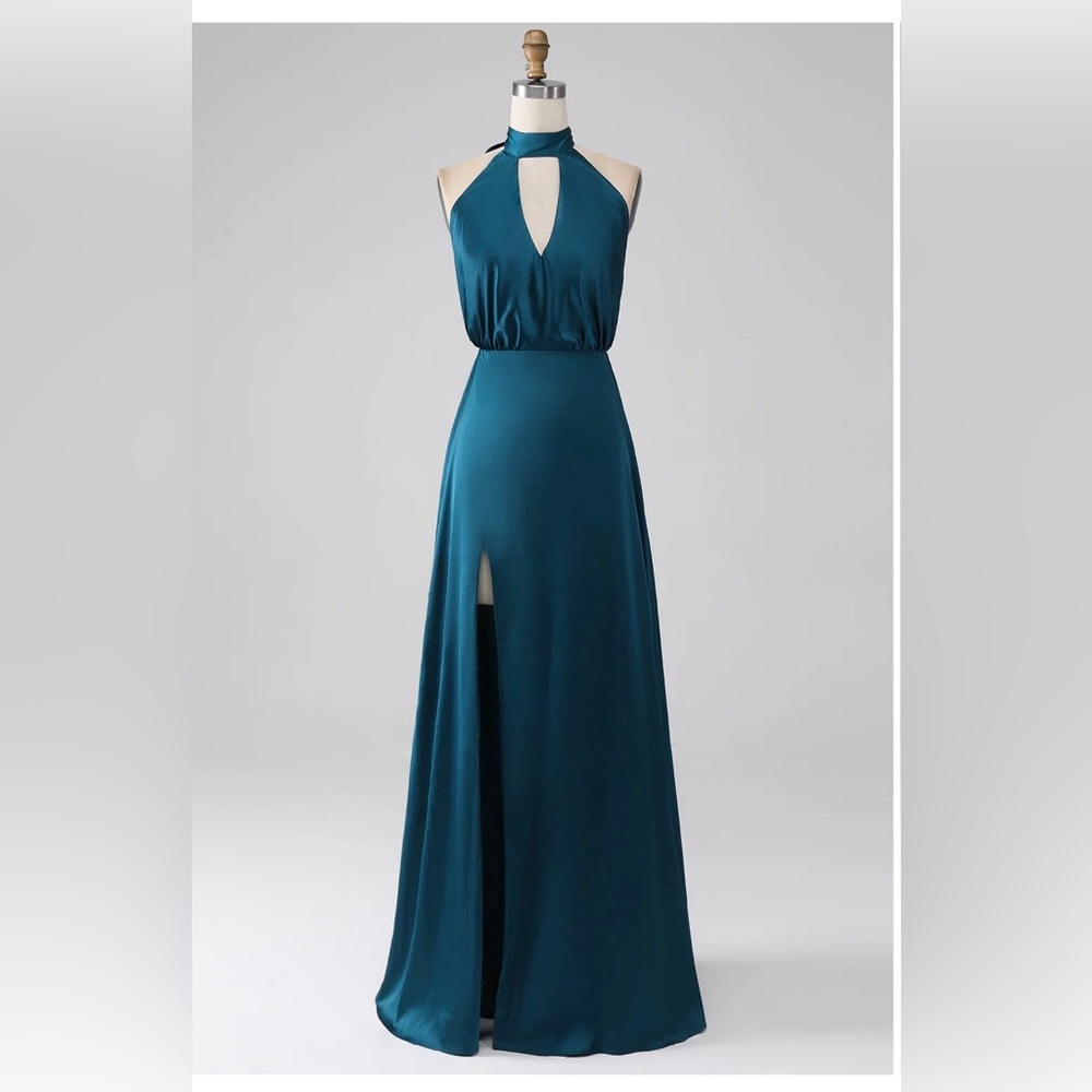 NWOT Teal Elegant Gown with Halter Neckline
